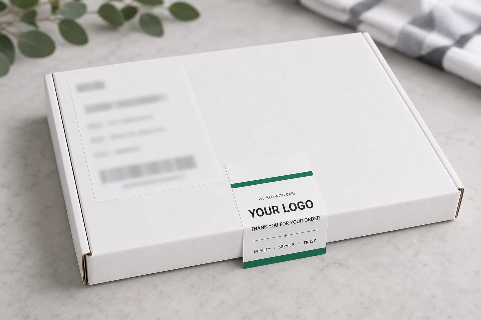 Custom apparel dropshipping package with a blurred shipping label